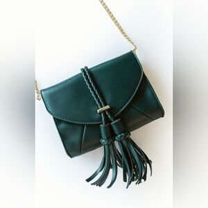 Elegant Dark Green Crossbody Bag with Tassels and multi colored scarf